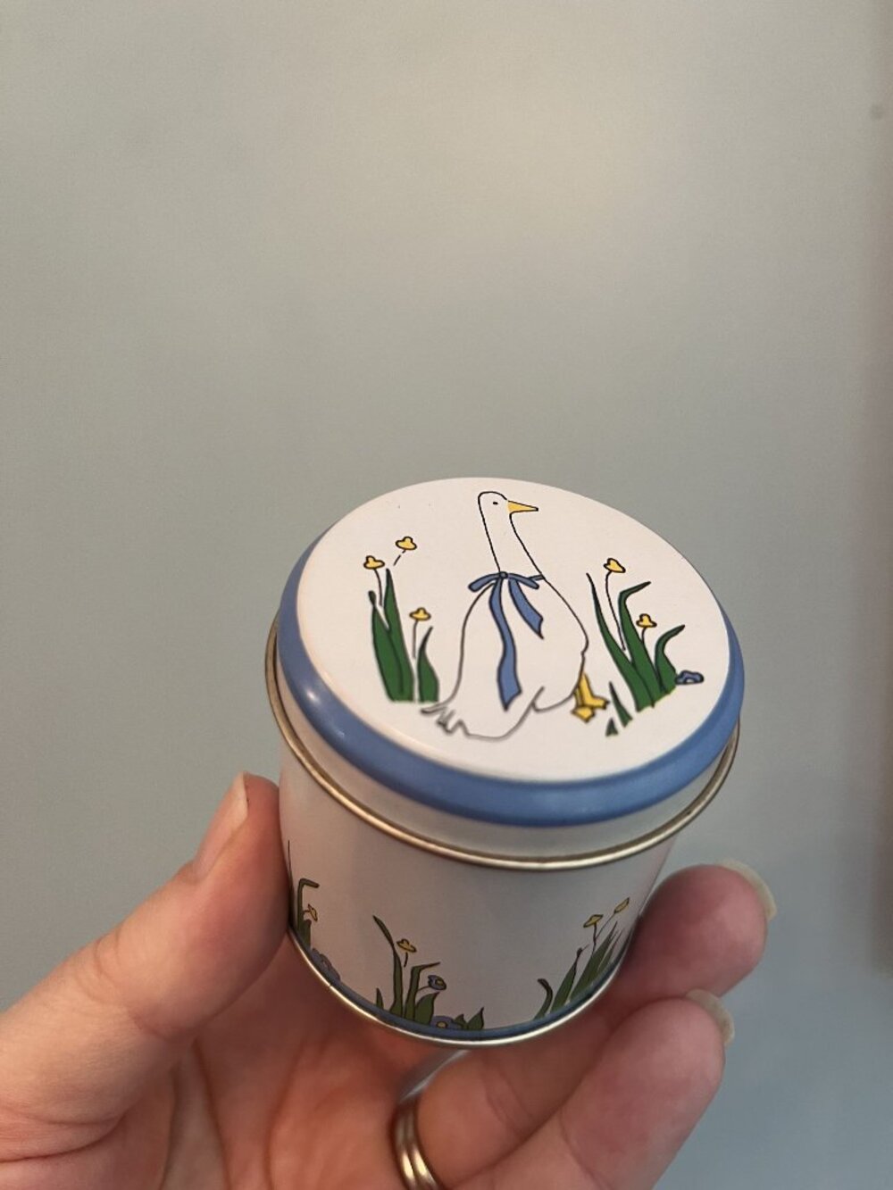 Vintage Carolyn Lamp Papel Tin With Goose & Flowers Design Small Collectible Con